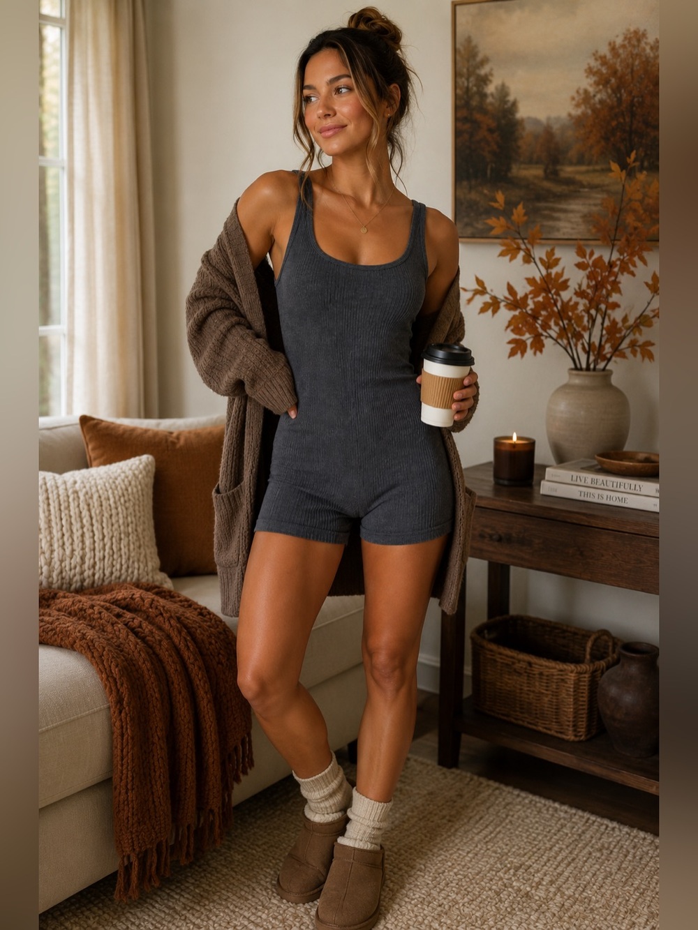 Vital Life Ribbed Seamless Romper Gray One Piece Shorts Stretch Lounge Large